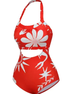 Hot Retro Stage 1930s Halter Floral One-Piece Swimsuit Red