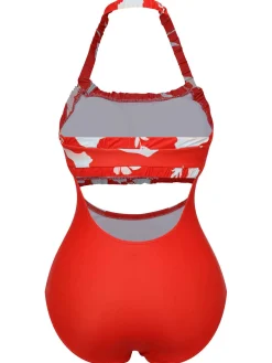 Hot Retro Stage 1930s Halter Floral One-Piece Swimsuit Red