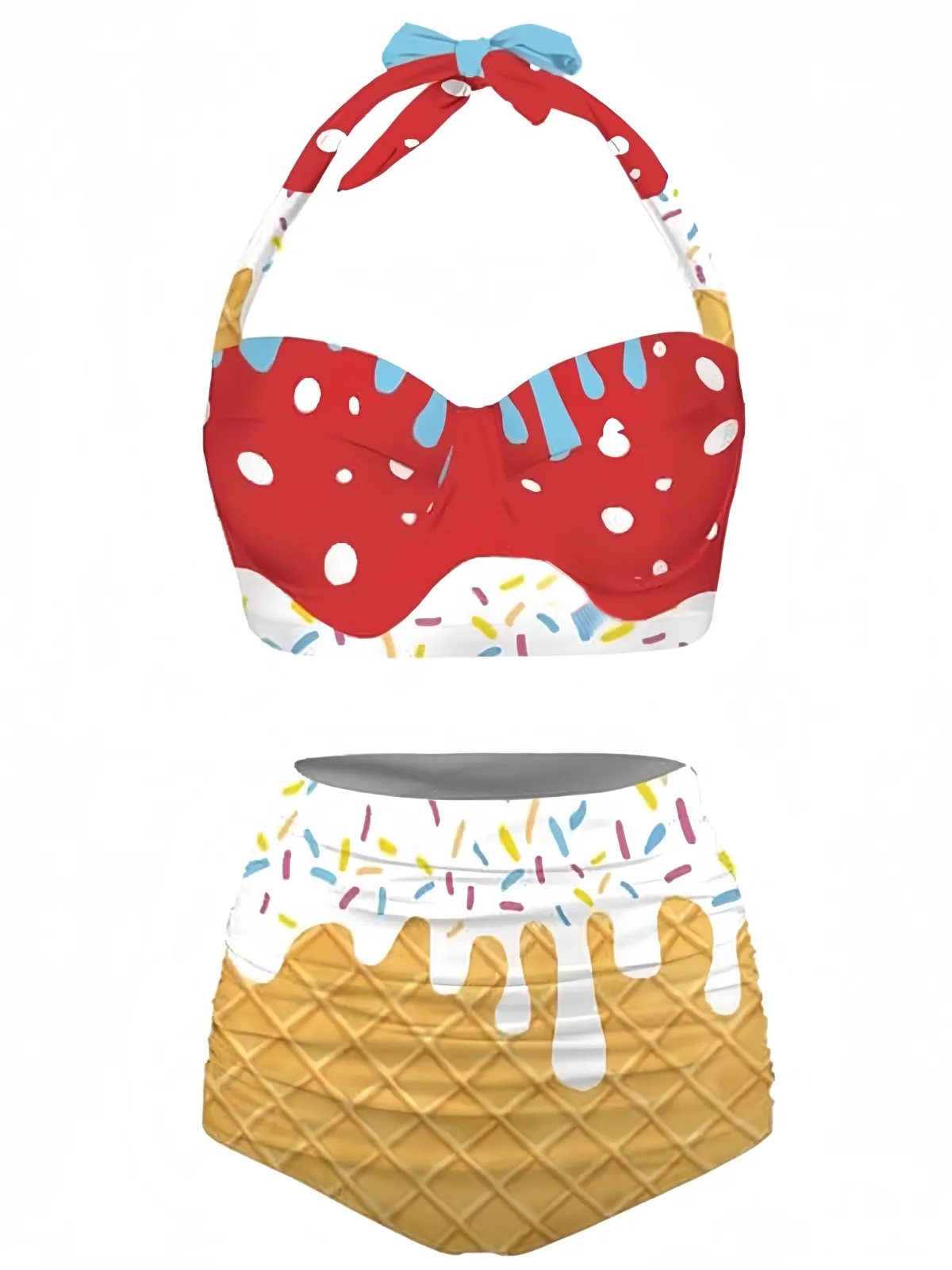 Sale Retro Stage 1970s Halter Ice-Cream Cone Bikini Set Red