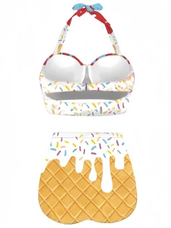 Sale Retro Stage 1970s Halter Ice-Cream Cone Bikini Set Red