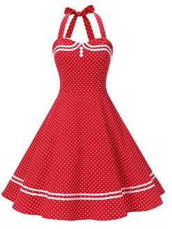 Hot Retro Stage 1950s Halter Polka Dot Dress Red