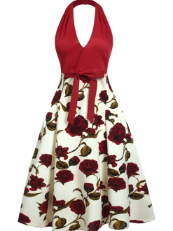 Sale Retro Stage 1950s Halter Roses Bow Dress Red