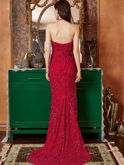 Fashion Retro Stage 1920s Halter Sequined Side Slit Maxi Dress Red