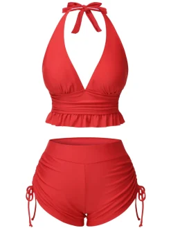 Best Retro Stage 1950s Halter Solid Ruffle Tankini Red