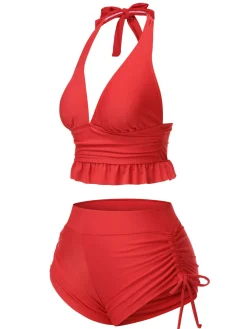 Best Retro Stage 1950s Halter Solid Ruffle Tankini Red