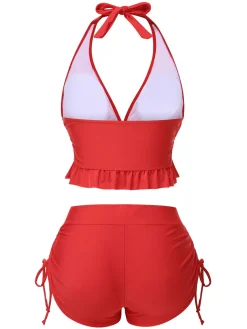 Best Retro Stage 1950s Halter Solid Ruffle Tankini Red