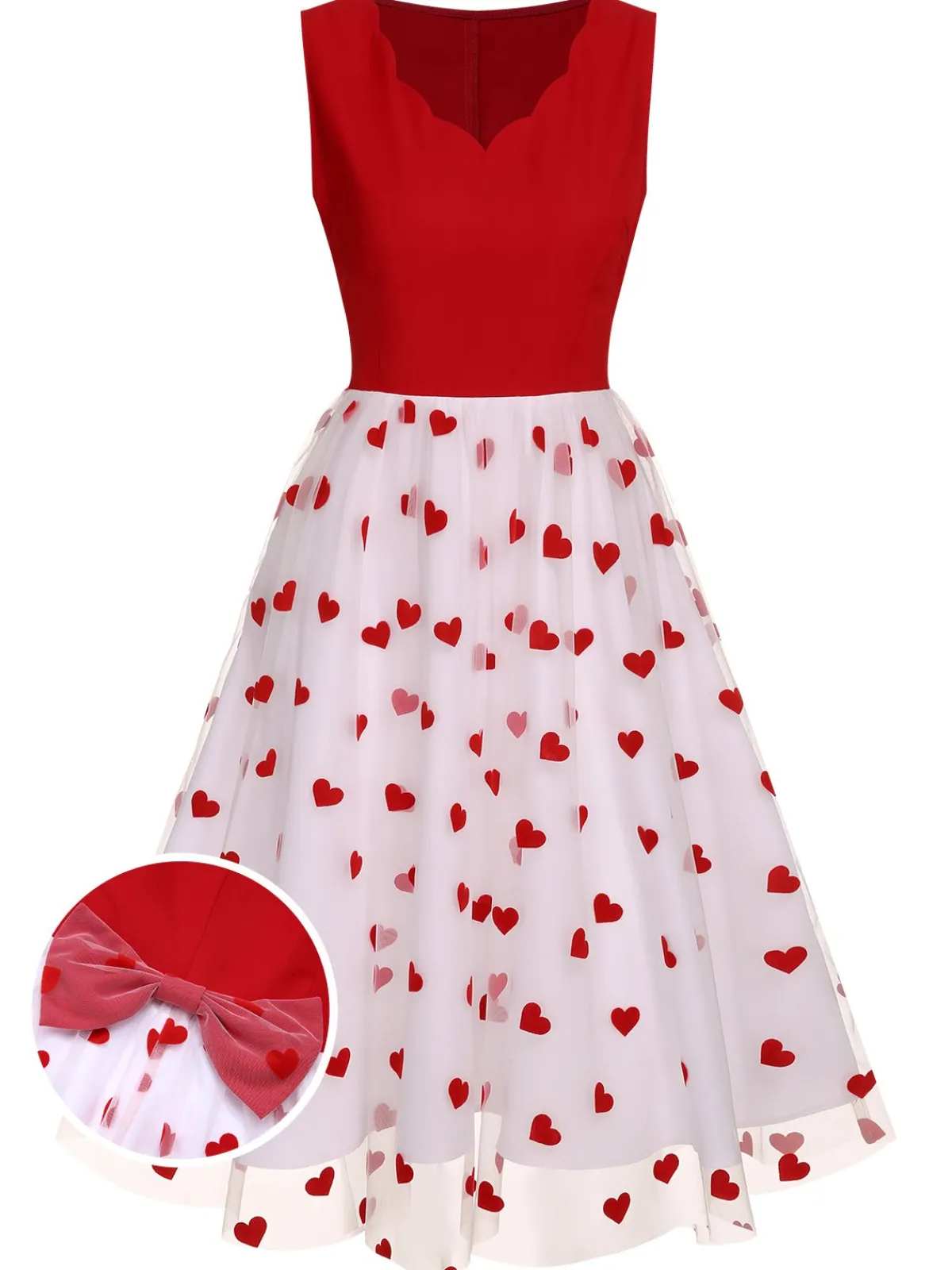 Online Retro Stage 1950s Heart Bow Sleeveless Dress Red