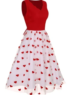 Online Retro Stage 1950s Heart Bow Sleeveless Dress Red