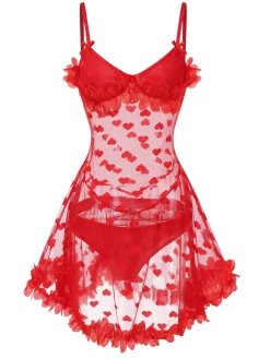 Outlet Retro Stage 1960s Heart Mesh Flower Edge Nightdress Red