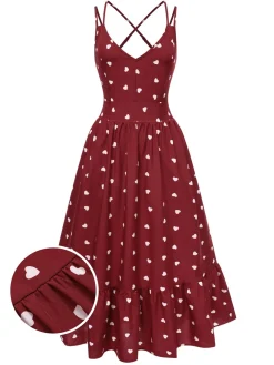 Best Retro Stage 1940s Heart Print V-Neck Sleeveless Dress Red