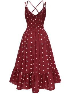 Best Retro Stage 1940s Heart Print V-Neck Sleeveless Dress Red