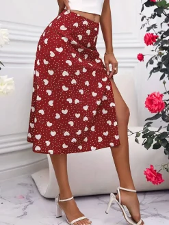 Hot Retro Stage 1940s Hearts Polka Dot Slit Skirt Red
