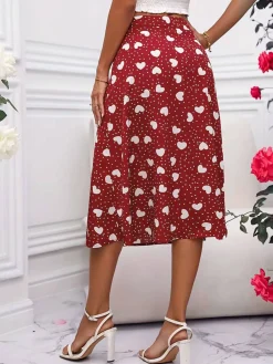 Hot Retro Stage 1940s Hearts Polka Dot Slit Skirt Red
