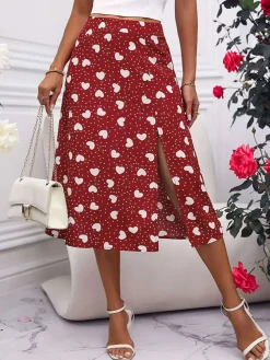 Hot Retro Stage 1940s Hearts Polka Dot Slit Skirt Red