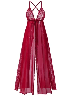 New Retro Stage Red 1930s High Slit Lace Chiffon Nightgown Deep Red
