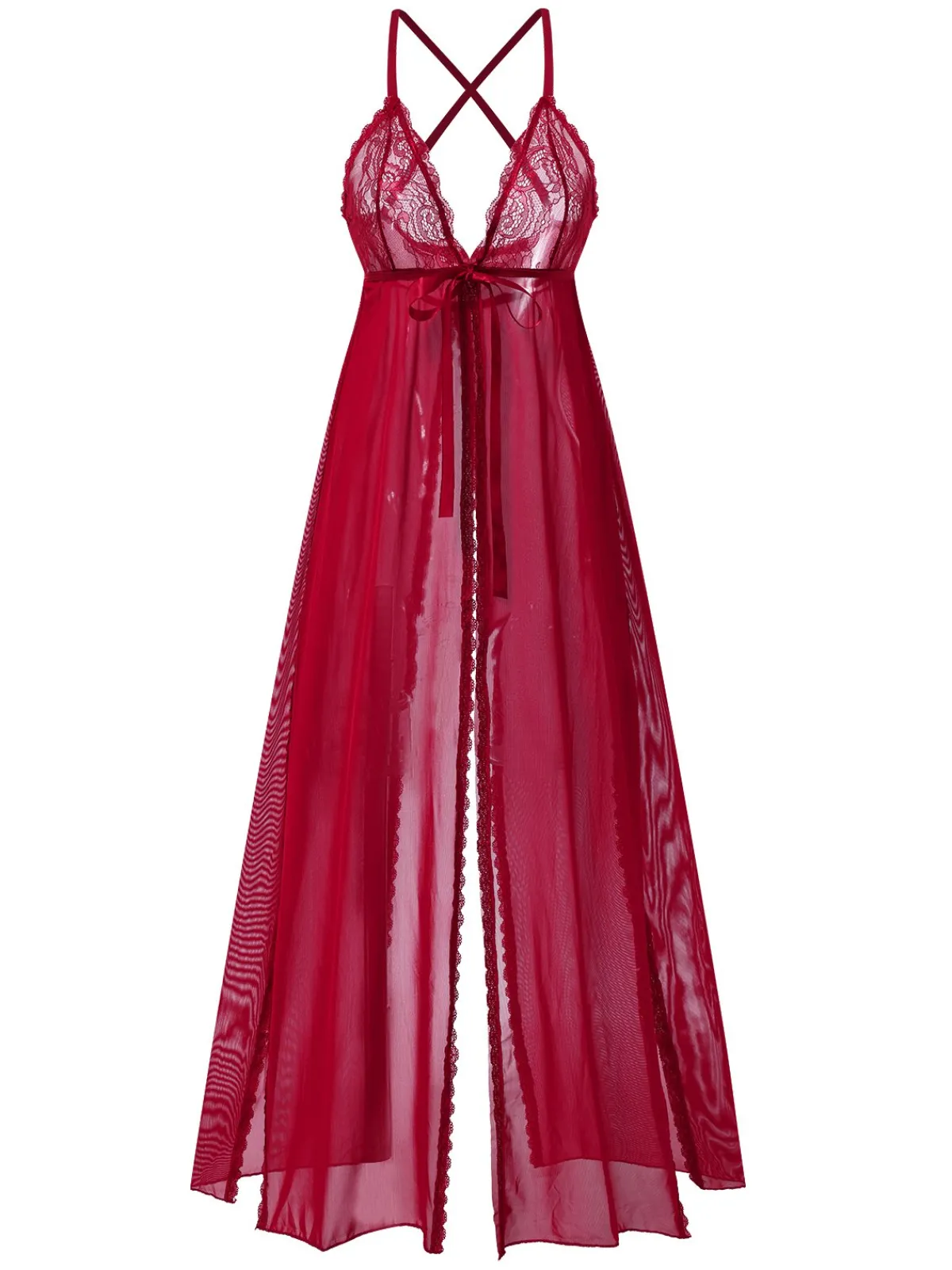 New Retro Stage Red 1930s High Slit Lace Chiffon Nightgown Deep Red