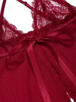 New Retro Stage Red 1930s High Slit Lace Chiffon Nightgown Deep Red