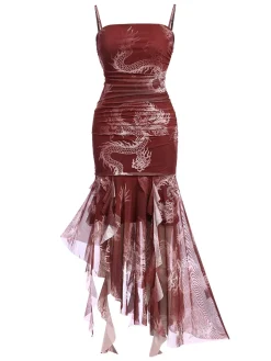 Best Retro Stage 1950s High-Low Halloween Dragon Mesh Dress Red