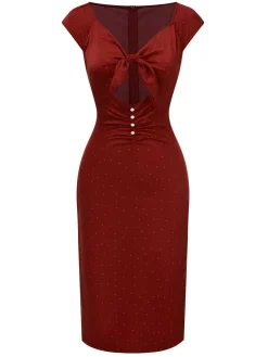 Outlet Retro Stage Red 1960s Hollow Out Button Satin Dress True Red
