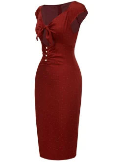 Outlet Retro Stage Red 1960s Hollow Out Button Satin Dress True Red