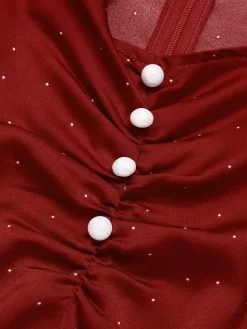 Outlet Retro Stage Red 1960s Hollow Out Button Satin Dress True Red