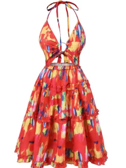 New Retro Stage 1950s Hollow Out Ruffles Halter Dress Red