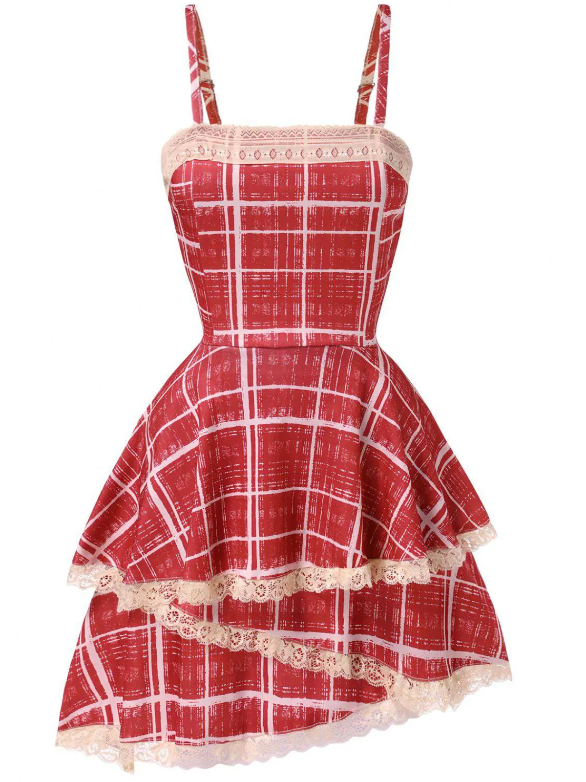 Outlet Retro Stage 1960s Irregular Laye Hem Plaid Suspender Dress Red