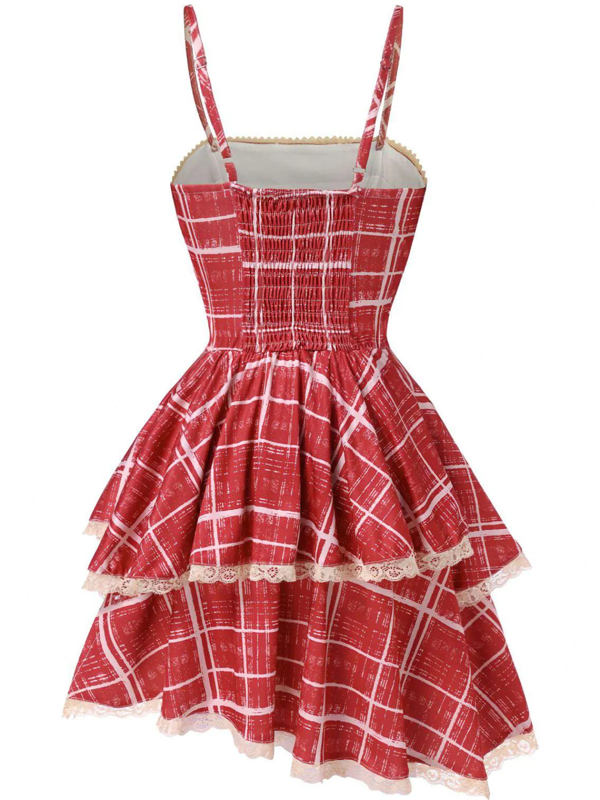 Outlet Retro Stage 1960s Irregular Laye Hem Plaid Suspender Dress Red