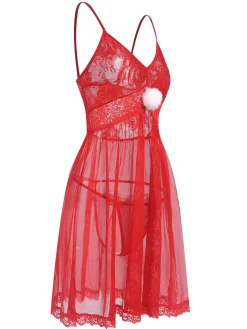 Discount Retro Stage 1950s Lace Sheer Straps Nightgown Red