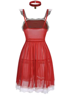 New Retro Stage 1950s Lace Trimmed Sheer Nightgown Red