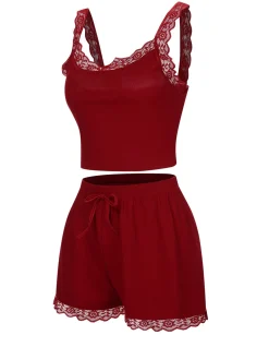 Outlet Retro Stage 1970s Lace Trimmed Straps Pajamas Red