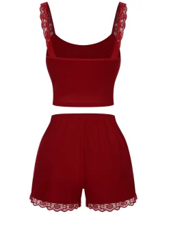 Outlet Retro Stage 1970s Lace Trimmed Straps Pajamas Red
