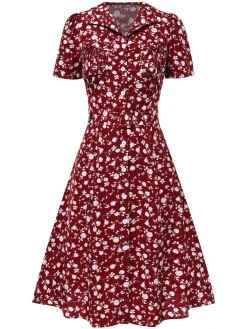 New Retro Stage Red 1940s Lapel Buttons Ditsy Floral Dress