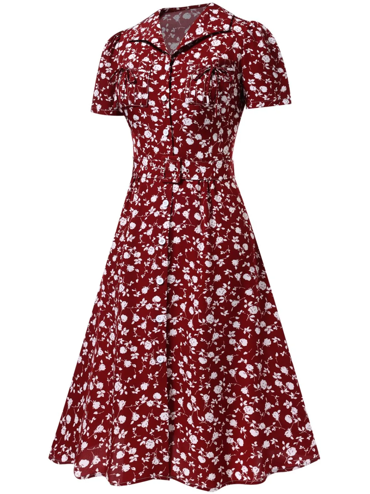 New Retro Stage Red 1940s Lapel Buttons Ditsy Floral Dress