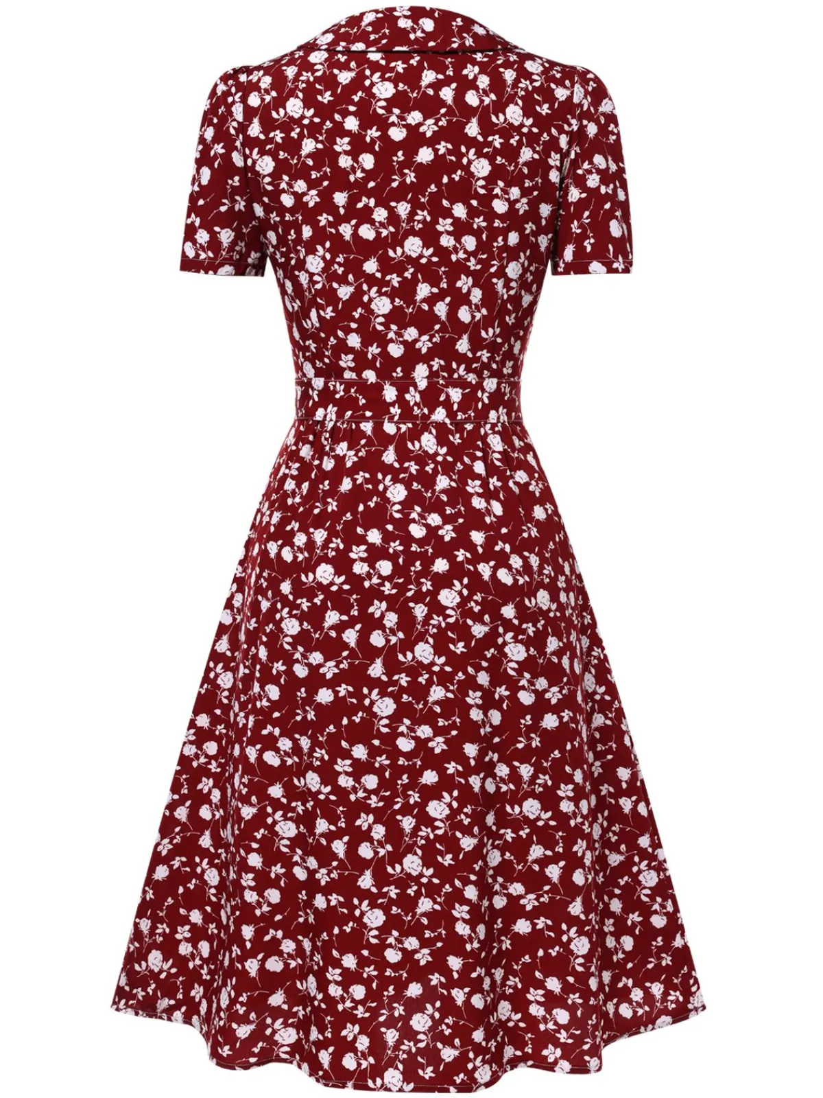 New Retro Stage Red 1940s Lapel Buttons Ditsy Floral Dress