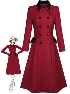 Hot Retro Stage 1950s Lapel Double Breasted Coat Red