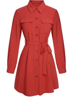 Discount Retro Stage 1970s Lapel Long Sleeve Shirt Dress Red