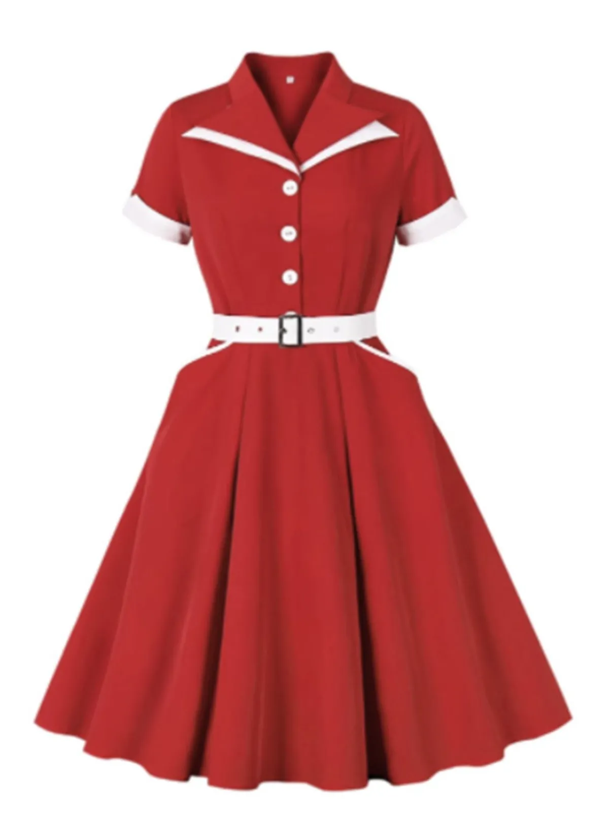 Clearance Retro Stage 1950s Lapel Patchwork Belt Dress Red