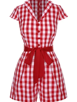 Hot Retro Stage Red 1940s Lapel Plaids Belted Romper