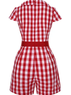 Hot Retro Stage Red 1940s Lapel Plaids Belted Romper