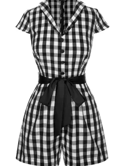 Hot Retro Stage Red 1940s Lapel Plaids Belted Romper