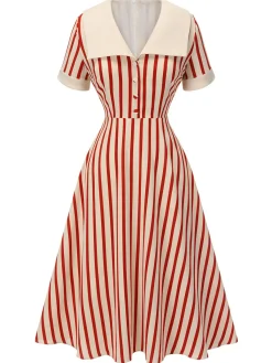 Clearance Retro Stage 1940s Lapel Vertical Stripes Dress Red
