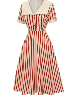 Clearance Retro Stage 1940s Lapel Vertical Stripes Dress Red
