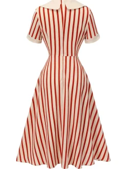 Clearance Retro Stage 1940s Lapel Vertical Stripes Dress Red