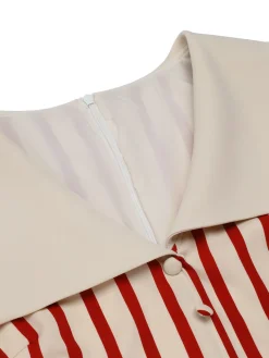 Clearance Retro Stage 1940s Lapel Vertical Stripes Dress Red