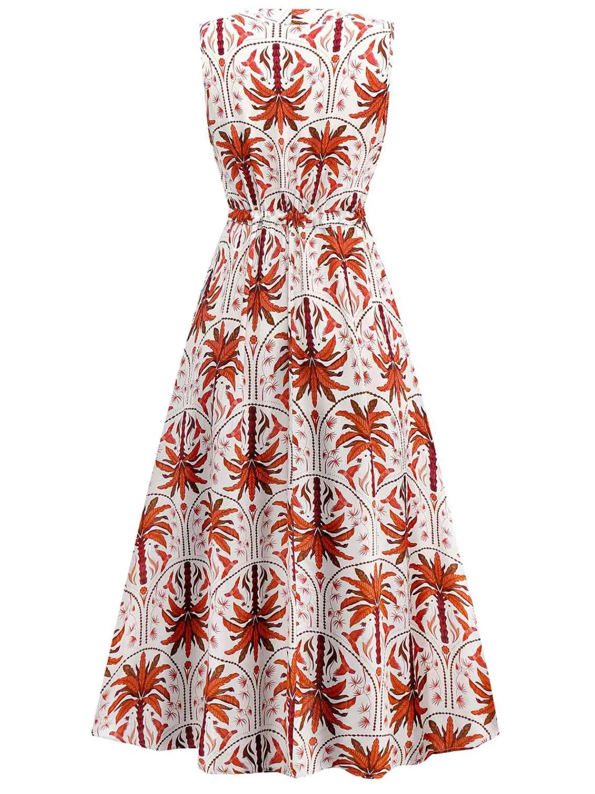 Outlet Retro Stage Red 1970s Lapel V-Neck Tropical Plants Dress Fire Brick Red