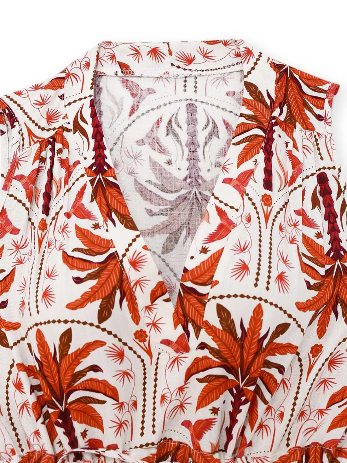 Outlet Retro Stage Red 1970s Lapel V-Neck Tropical Plants Dress Fire Brick Red