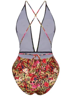 Best Retro Stage 1970s Leopard Flower One-Piece Swimsuit Red