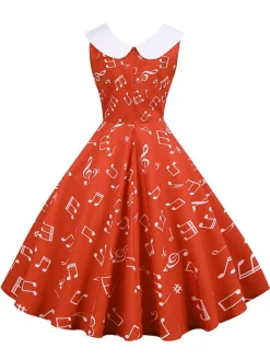 Sale Retro Stage 1950s Musical Notes Swing Dress Red
