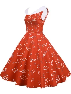 Sale Retro Stage 1950s Musical Notes Swing Dress Red